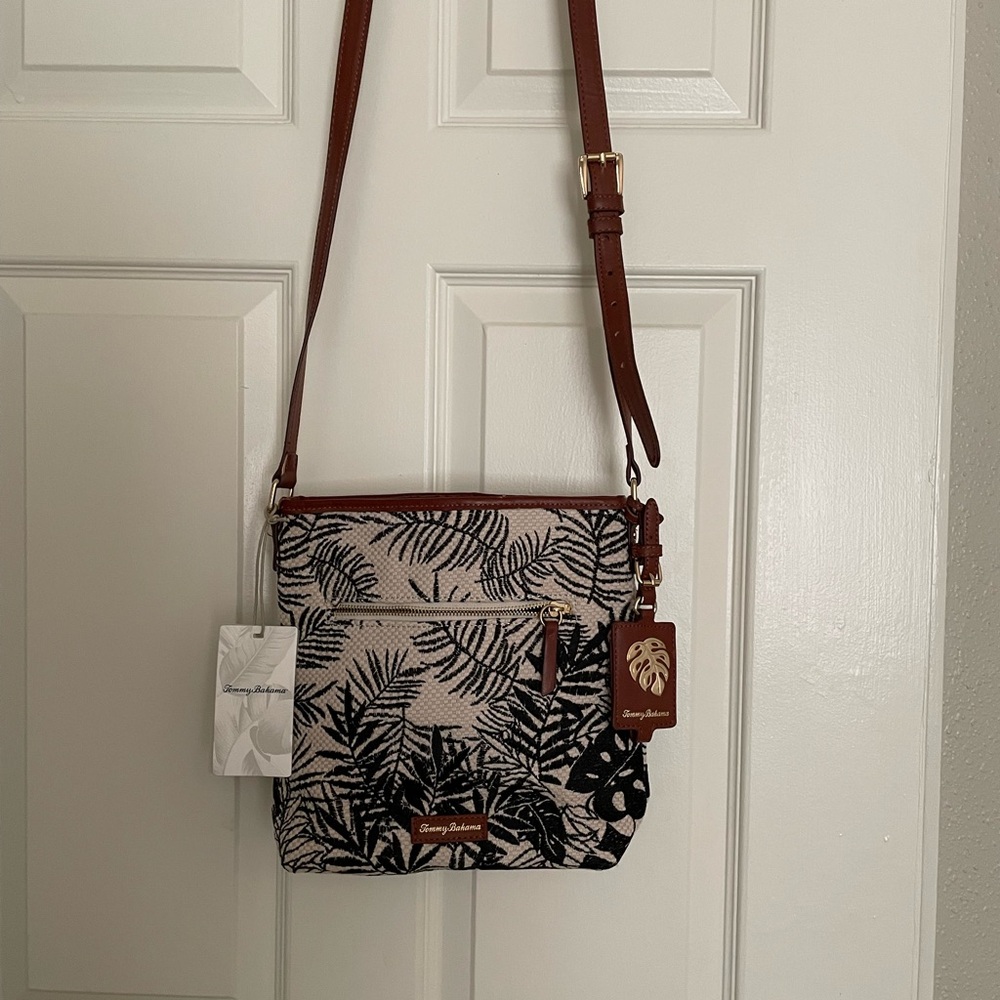 Tommy Bahama Black and Cream Leaf Crossbody Bag